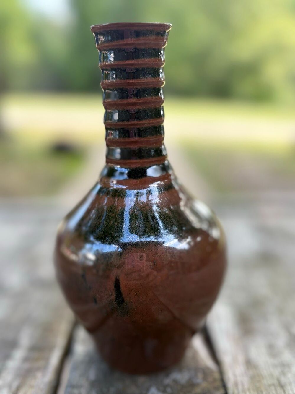 Unknown Studio Pottery Ribbed Neck Bottle Vase Brown Black Glaze Organic Modern